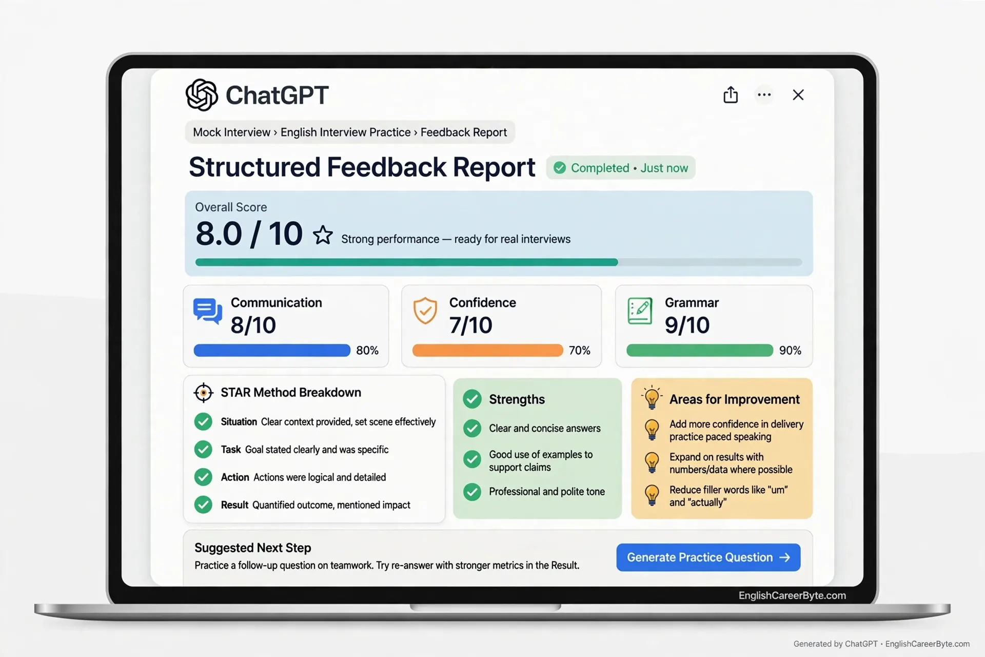 Screenshot-style illustration of ChatGPT giving structured interview feedback with a clarity and STAR score